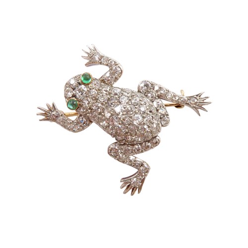 19th century pave diamond frog brooch, c.1890, with cabochon emerald eyes,